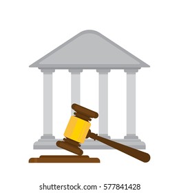 holding judges gavel with a courthouse in the background. flat design
