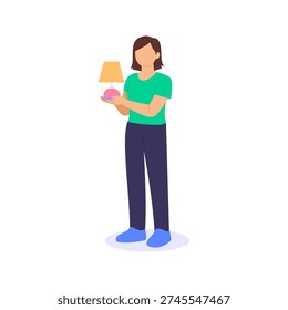 Holding a Lamp, Positioning lighting accessory for interior setup, Flat vector character illustration