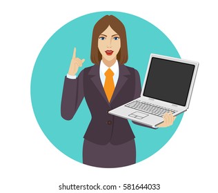 holding a laptop notebook and and pointing up. Portrait of businesswoman in a flat style. Vector illustration.