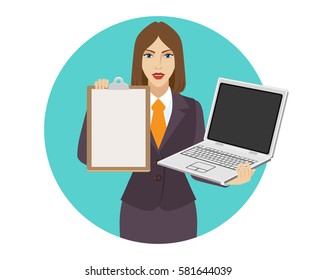 holding a laptop notebook and showing a clipboard. Portrait of businesswoman in a flat style. Vector illustration.