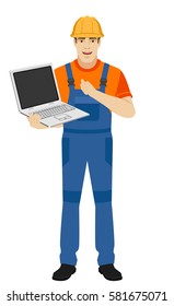 holding a laptop and pointing the finger at yourself. Self-promotion. Full length portrait of builder in a flat style. Vector illustration.