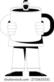 Segurando uma grande caneca de café como um tesouro brilhante em uma ilustração vetorial