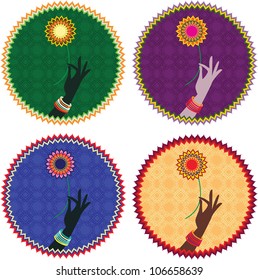 Holding Lotus/ Flower on a seamless pattern background - Tiled in four different colours and Inspired by Indian art henna - Detailed and easily editable