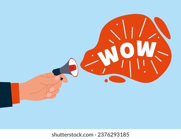 Holding a loudspeaker asking question with speech bubble big question marks. Vector illustration