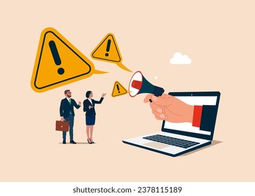 Holding a loudspeaker big bubble incident with exclamation attention sign. Vector illustration