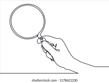 Holding magnifying glass line icon- continuous line drawing