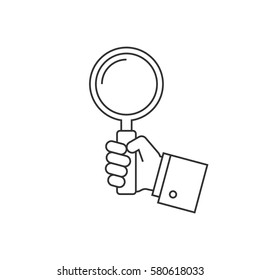 Holding magnifying glass line icon