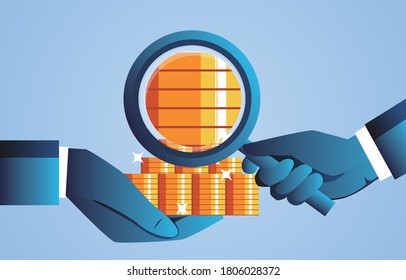 Holding a magnifying glass to observe the gold coins in your hand