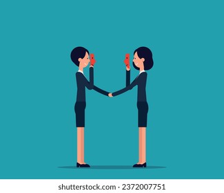 Holding mask to hide real. Dishonesty partnership vector design

