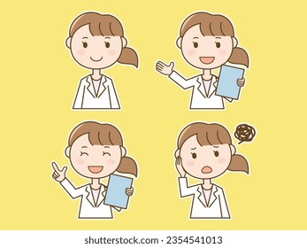 Holding a medical record and explaining _ Guidance _ Nurse in trouble _ 4 pose set of female white coat _ With white border