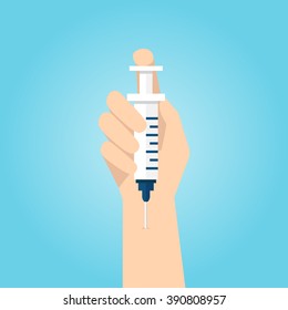 Holding Medical Syringe And Self Injection, Flat Design,  Vector Illustration, Medical Background