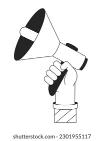 Holding megaphone bw concept vector spot illustration. Loudspeaker 2D cartoon flat line monochromatic first view hand for web UI design. Advertising marketing editable isolated outline hero image