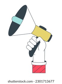 Holding megaphone flat line concept vector spot illustration. Loudspeaker 2D cartoon outline first view hand on white for web UI design. Advertising marketing editable isolated colorful hero image