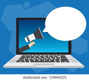 holding megaphone on computer screen. speech bubble and announcement flat vector.
