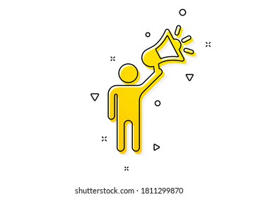 Holding megaphone sign. Brand ambassador icon. Advertisement device symbol. Yellow circles pattern. Classic brand ambassador icon. Geometric elements. Vector