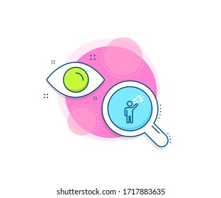 Manteniendo el signo del megáfono. Icono del complejo de investigación. Icono de línea de embajador de marca. Símbolo de dispositivo de publicidad. Banner de análisis o análisis. Cartel del embajador de la marca. Vector