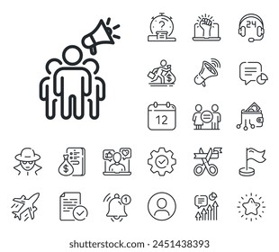 Holding megaphone sign. Salaryman, gender equality and alert bell outline icons. Brand ambassador line icon. Advertisement device symbol. Brand ambassador line sign. Vector