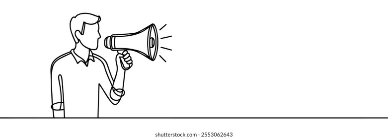 Holding megaphone to speak up line art drawing. Person holds megaphone speaker in single line art illustration.