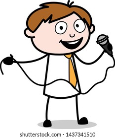 Holding a Mic and Singing a Song - Office Salesman Employee Cartoon Vector Illustration