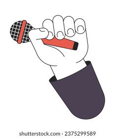Holding microphone linear cartoon character hand illustration. Singing karaoke outline 2D vector image, white background. Standup event. Holding mic audio equipment editable flat color clipart