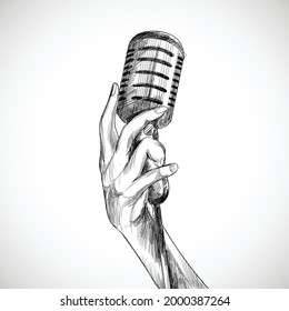 Holding microphone sketch white background