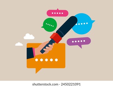 Holding microphone with speech bubble dialog box. Press Conference Idea, Interviews, latest news. Flat vector illustration