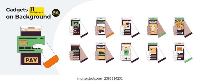 Holding mobile app screen linear cartoon character hands illustration bundle. Millennial, gen z on phone outline 2D vector image collection, white background. Applications editable flat color cliparts