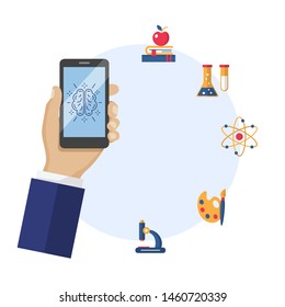 Нand holding a mobile phone with a brain sign on screen, e-learning education, training, online tutorial, e-learning concept. flat design vector illustration. science concept.