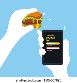 holding mobile phone with calorie counter app on the screen