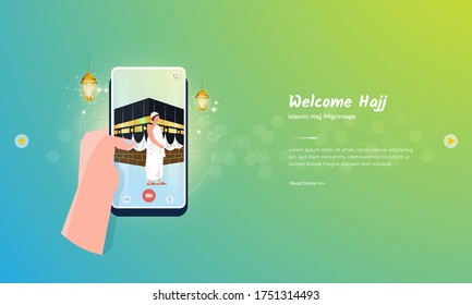 Holding a mobile phone with hajj or eid al adha illustration concept