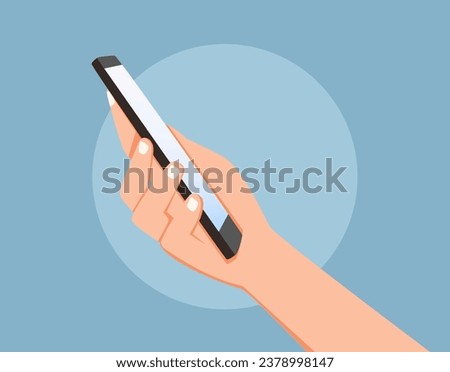 Holding mobile phone in hand. Phone side mockup. Editable smartphone template vector illustration on isolated background. Press touch screen and buy online. Transfer money or book online concept.