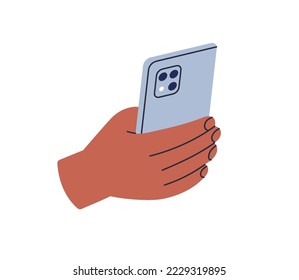 Holding mobile phone in hand, taking photo with smartphone camera. Shooting photographing with cellphone. Recording video, using modern telephone. Flat vector illustration isolated on white background