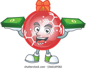 Holding money mascot in cartoon red christmas ball