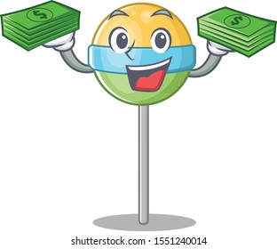 holding money mascot round lollipop with character