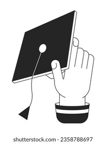 Holding mortarboard hat flat line black white vector character hand. Editable outline person body part. Absolwent. Throwing graduation cap simple cartoon isolated spot illustration for web design