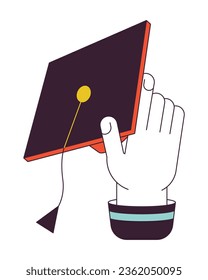 Holding mortarboard hat flat line color vector character hand. Editable outline person body part on white. Absolwent. Throwing graduation cap simple cartoon spot illustration for web graphic design