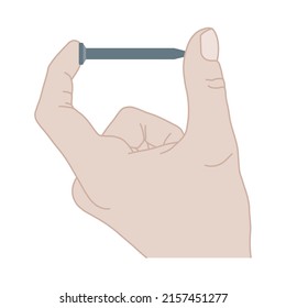 
holding the nail with the thumb and forefinger of the hand