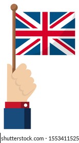 Holding the national flag in hand , flat vector illustration / UK, united kingdom, union jack.