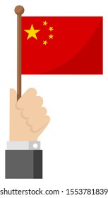 Holding the national flag in hand , flat vector illustration / China