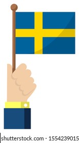 Holding the national flag in hand , flat vector illustration / Sweden