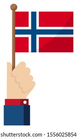 Holding the national flag in hand , flat vector illustration / Norway