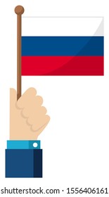 Holding the national flag in hand , flat vector illustration / Russia