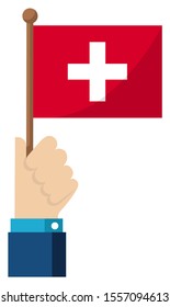 Holding the national flag in hand , flat vector illustration / Switzerland
