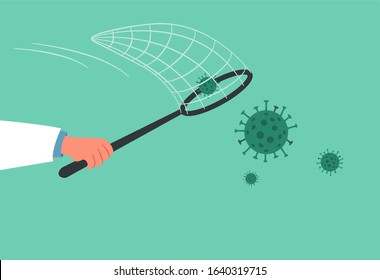 Holding a net to catch the coronavirus in one hand.Concept of Corona virus prevention.Vector flat illustration.