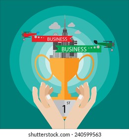 Holding number one trophy for show leadership business concept with vector EPS10