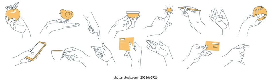 Holding objects in hand, smartphone and apple ripe fruit, mug with coffee or tea, ball and pencil for drawing. Chicken or small bird. Minimalist simple drawing of human palms. Vector in flat style
