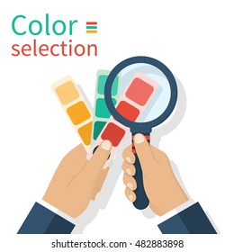 Holding palette sample in hand. Choosing color looking magnifying glass. Vector illustration flat design.