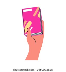 Holding paper book, recommending literature. Hand showing bright cover of new novel, abstract fiction story. Arm up, presenting modern notebook. Flat vector illustration isolated on white background