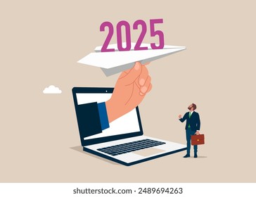 Sujetando el avión de papel con 2025 adentro. Inicio, objetivo, concepto de lanzamiento. Ilustración vectorial plana