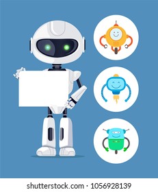 Holding a paper sheet humanoid robot, color card, pretty robots set isolated on white circles, cyborg with black mask on face, green glowing eyes